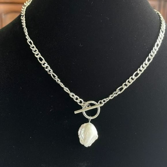 NEW Silver Plated Chain Link Baroque Freshwater Pearl Pendant Necklace 17.5in - Picture 3 of 7